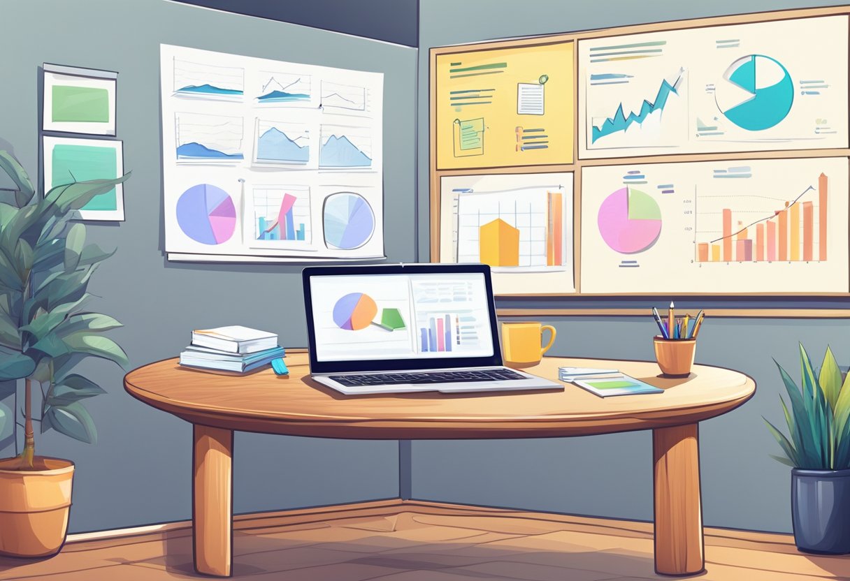 A table with a laptop, notebook, and pen. Charts and graphs on the wall. A brainstorming session with sticky notes and whiteboard