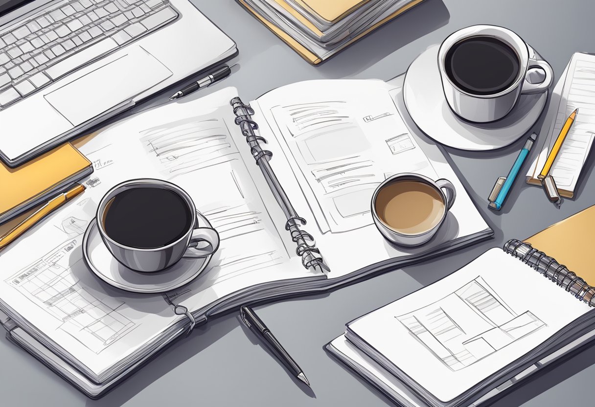 A desk with a laptop, notebook, and pen. A stack of business books and a cup of coffee. A whiteboard with business plan steps