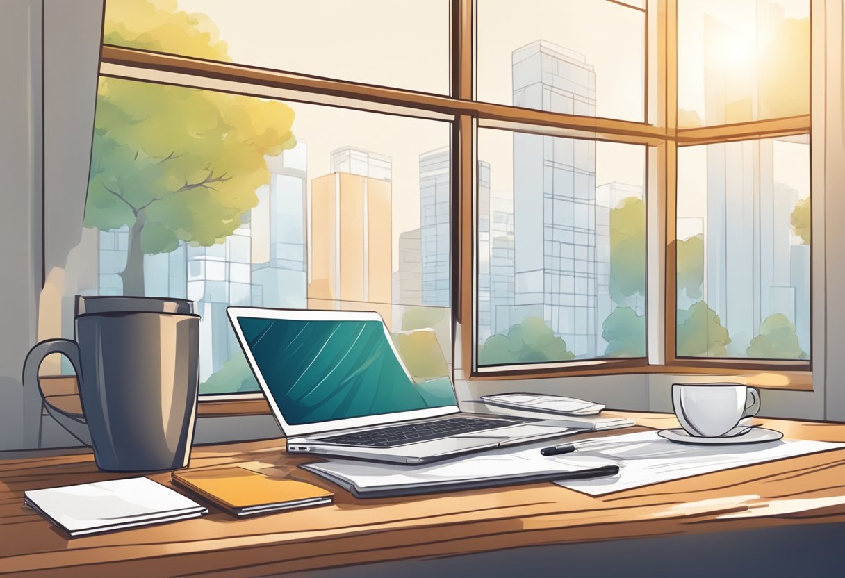 A desk with a laptop, notebook, and pen. A chart or graph on the wall. A cup of coffee or tea. A window with natural light
