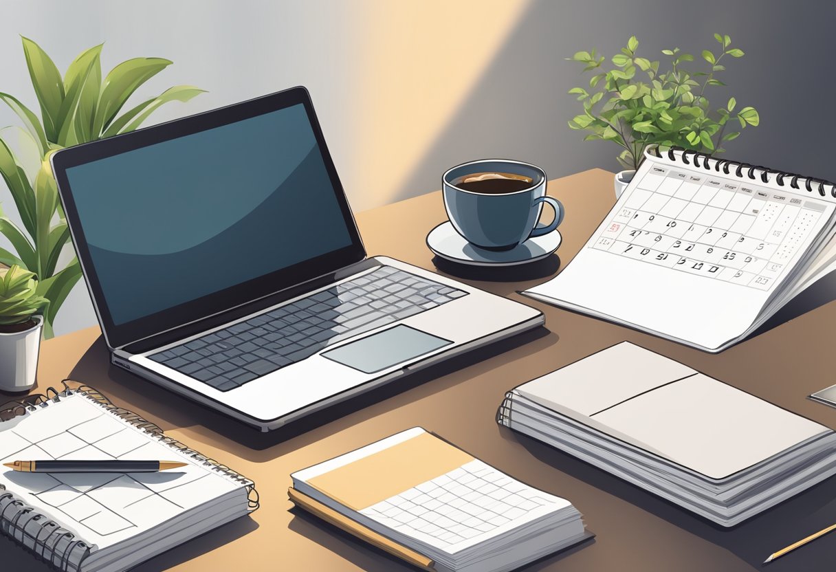 A desk with a laptop, notebook, and pen. A stack of business books and a calendar on the wall. A cup of coffee and a plant on the desk