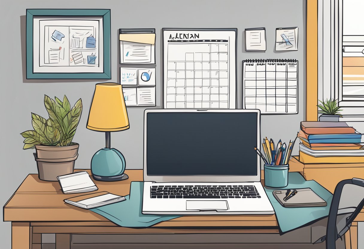 A home office with a laptop, notepad, and pen. A child's artwork hangs on the wall. A calendar and to-do list are displayed prominently