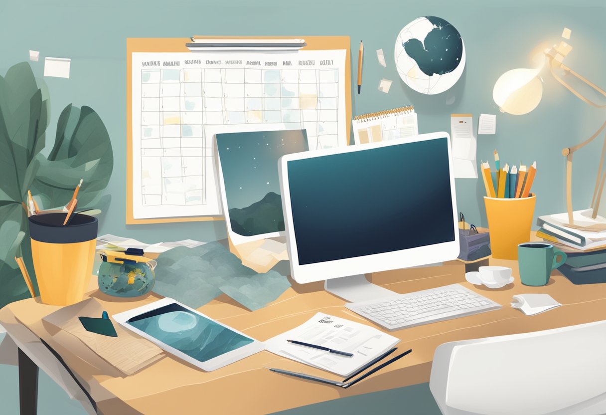 A cluttered desk with a laptop, notebook, and pen. A calendar with deadlines and a vision board with business goals. A cozy workspace with natural light