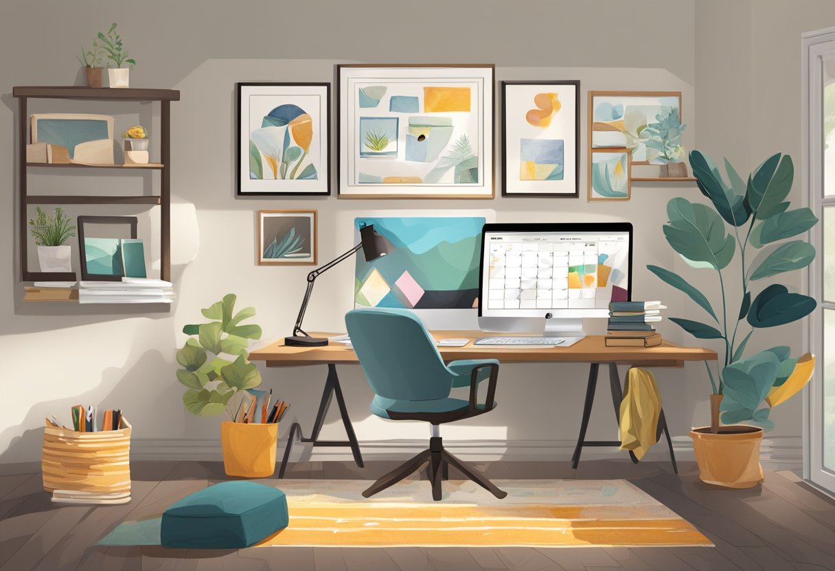 A cozy home office with a laptop, desk, and family photos. A child's artwork hangs on the wall. A calendar shows a balance of work and family events