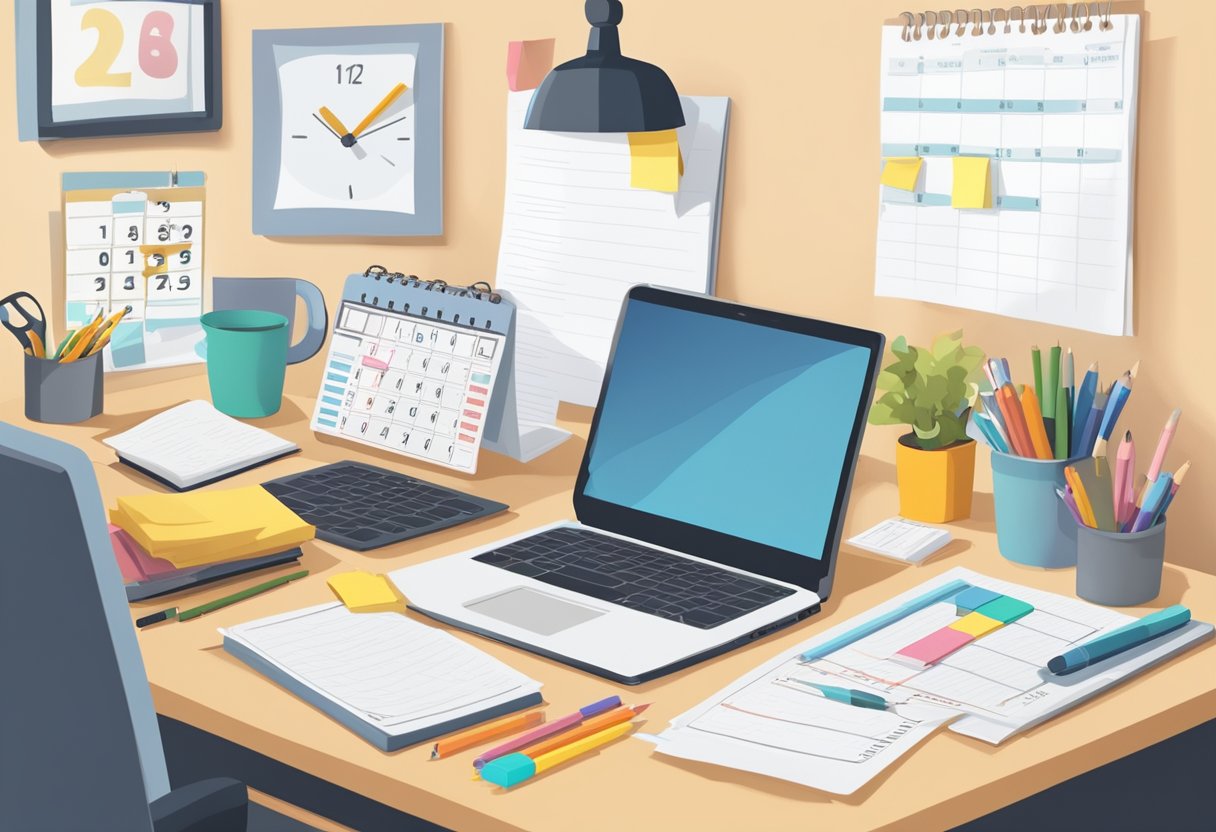 A cluttered desk with a calendar, clock, and to-do list. A laptop open to a productivity article. A child's toy peeking out from under papers