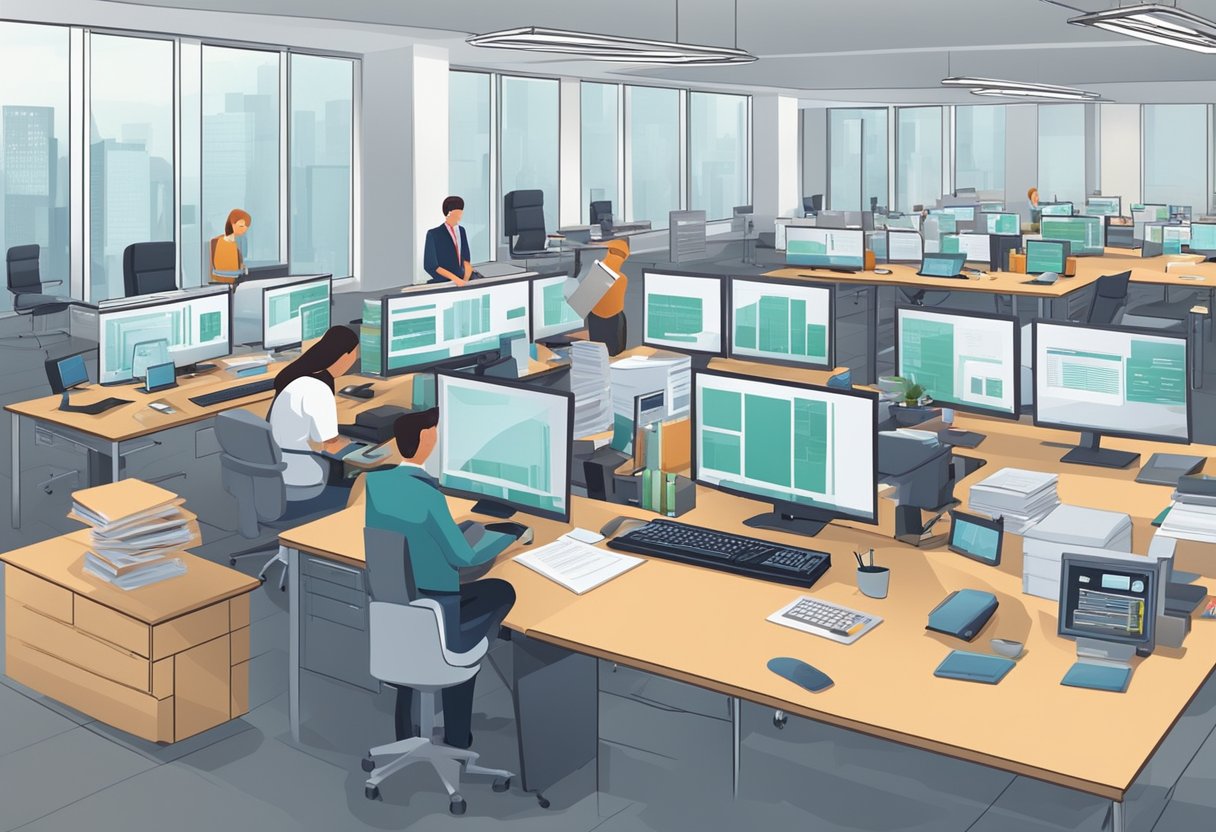 A busy office with computers and automated systems. A parent entrepreneur delegates tasks to employees. The office is organized and efficient