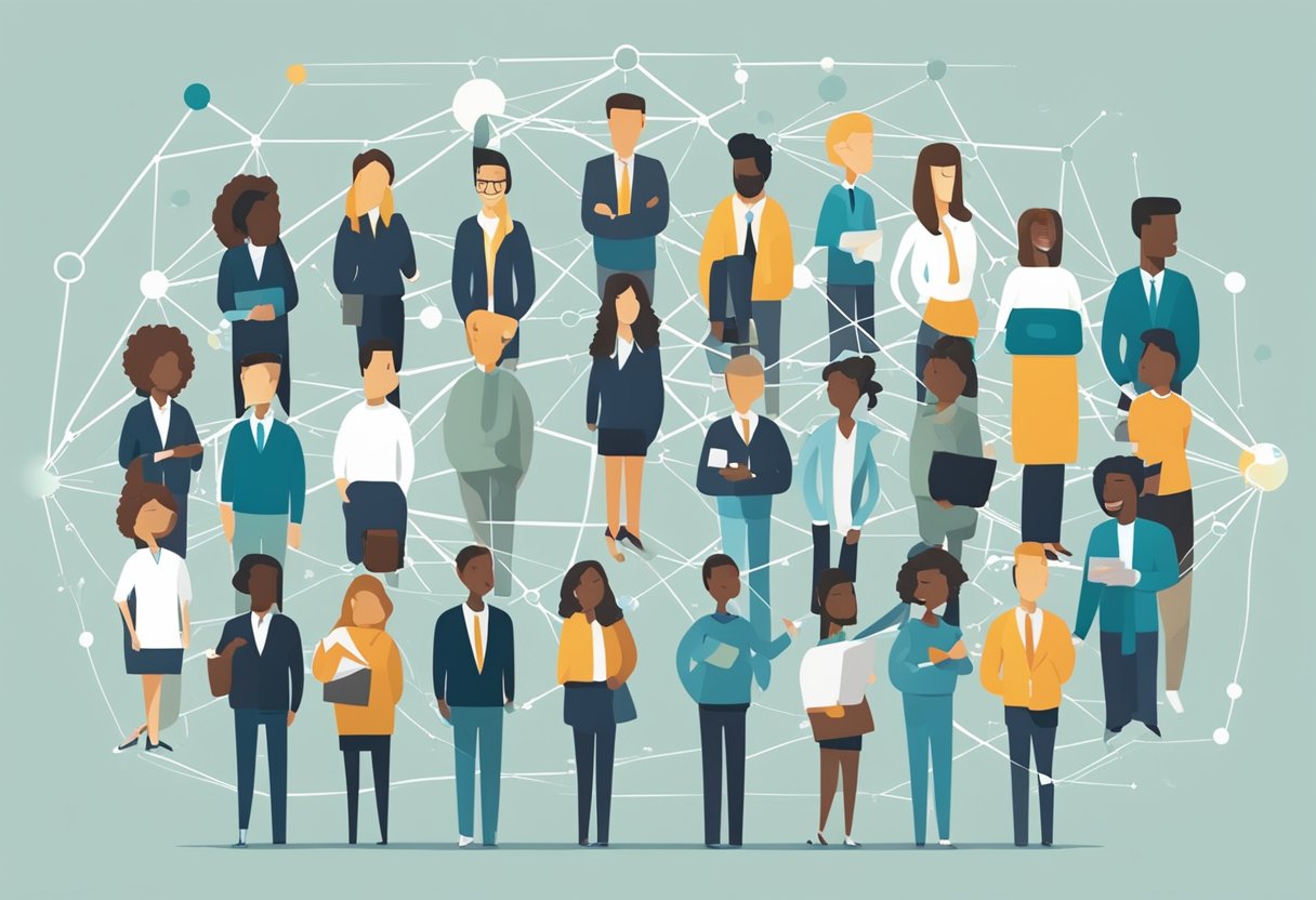 A group of diverse and supportive individuals gather around a parent entrepreneur, offering encouragement and guidance as they kickstart their business. The network is depicted as a web of connections and resources, symbolizing the essential support system for the entrepreneur