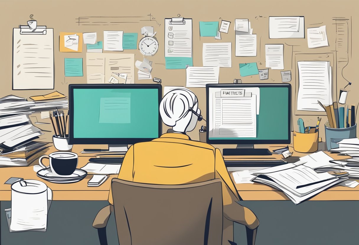 A cluttered desk with scattered papers and a computer screen displaying a long to-do list. A clock on the wall shows the time ticking away. A cup of coffee sits half-drunk, as the entrepreneur looks stressed and overwhelmed