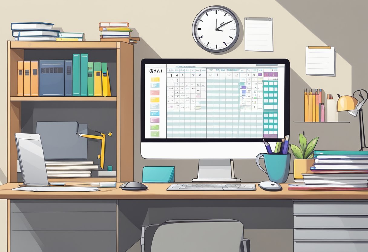 A tidy desk with a laptop, calendar, and to-do list. A shelf with business books and a filing cabinet. A whiteboard with goal reminders