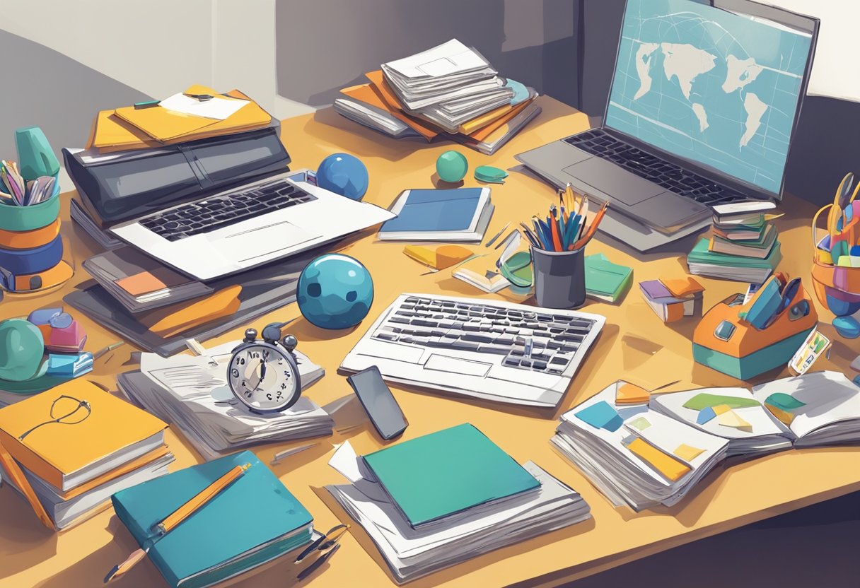 A playful child's toys scattered around a home office desk, alongside a laptop and business books, symbolizing the juggling act of parenting and entrepreneurship