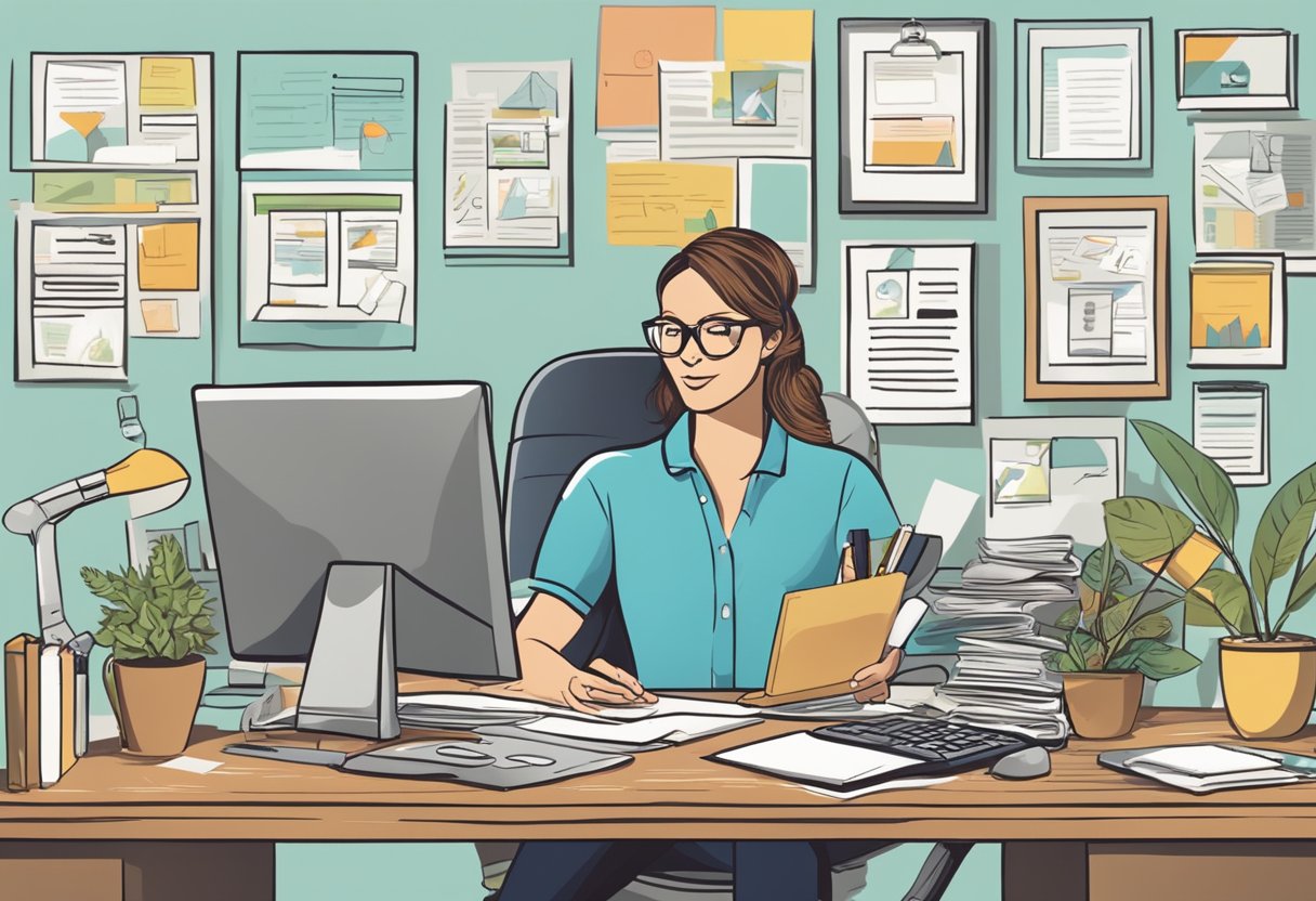 A busy parent entrepreneur at a computer, surrounded by business resources and family photos, with a "Frequently Asked Questions" guide open