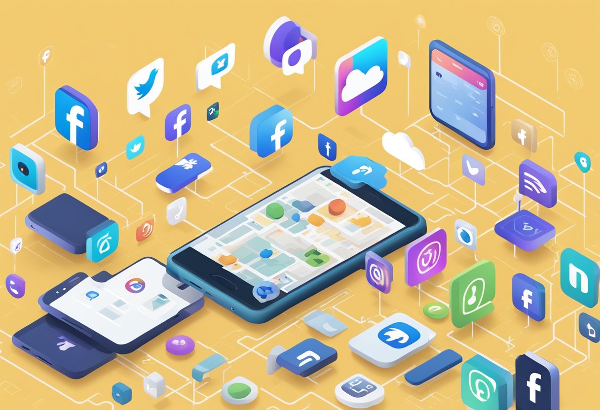 A small business logo is prominently displayed on a smartphone screen, surrounded by icons of popular social media platforms like Facebook, Instagram, and Twitter. An analytics graph showing growth and engagement sits in the background