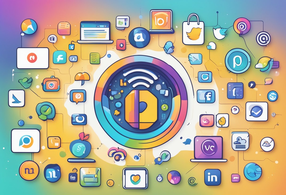A small business logo surrounded by various social media icons, with vibrant colors and engaging visuals