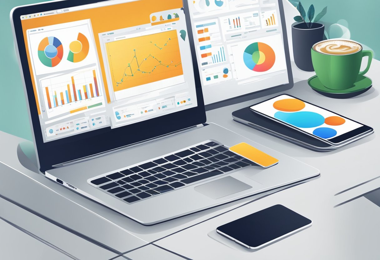 A laptop and smartphone on a desk, with social media icons and charts on the screens. A cup of coffee and notebook nearby