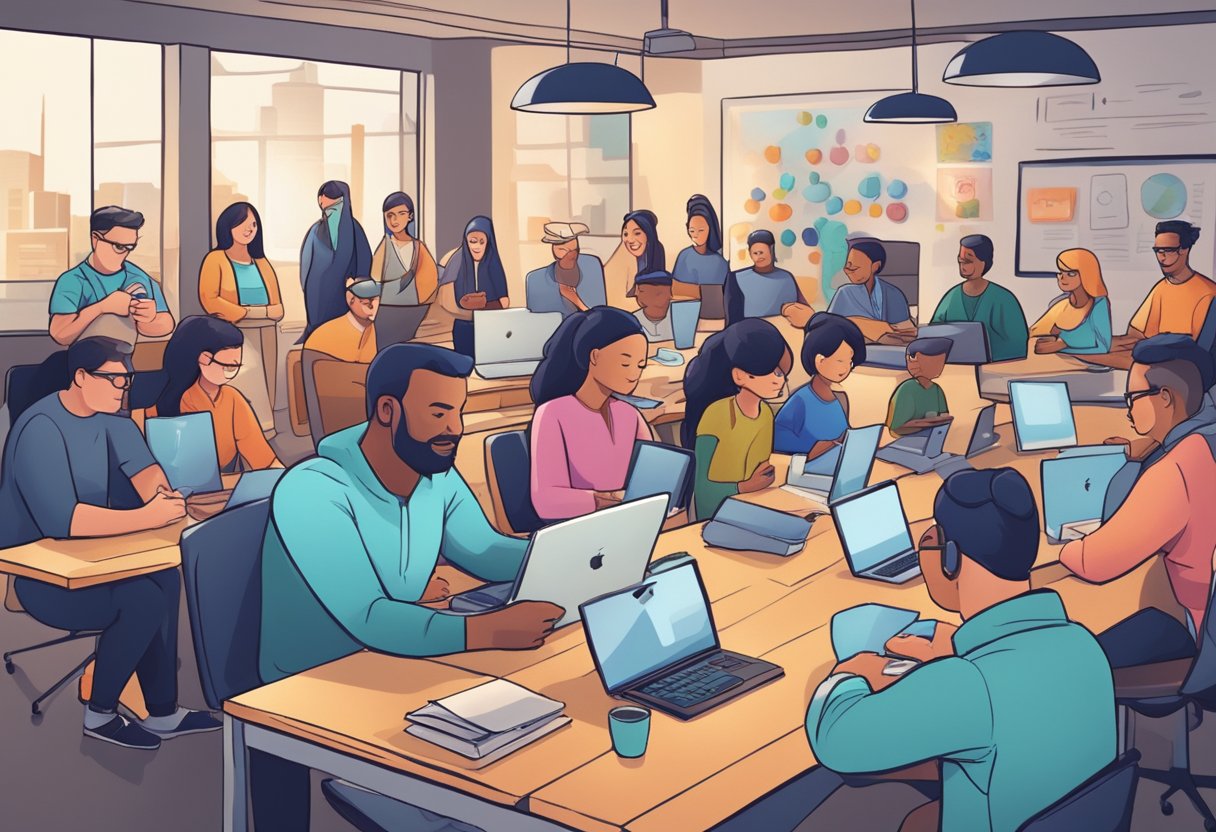 A bustling online community gathers around a small business, engaging with captivating social media content. The business owner nurtures their audience with strategic marketing techniques