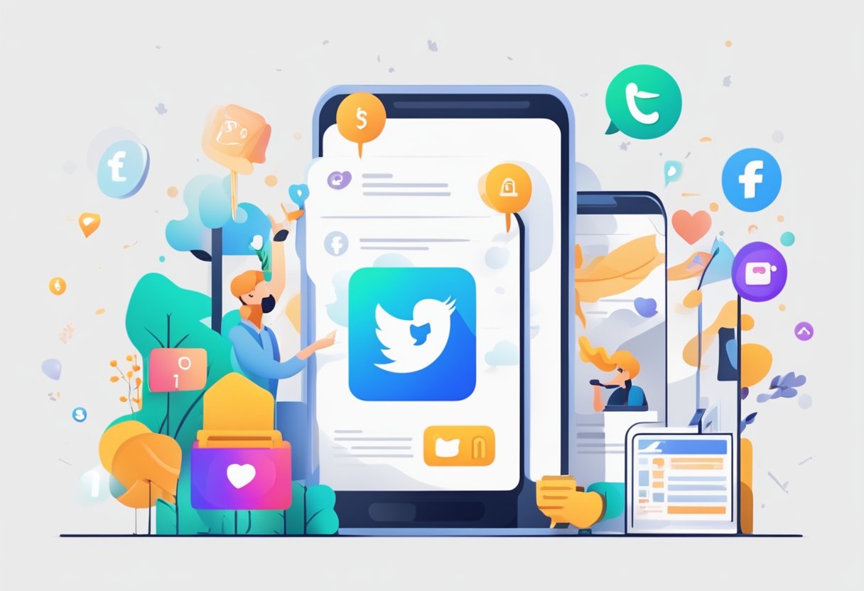 A vibrant social media post with a small business logo and engaging content, surrounded by likes, shares, and comments
