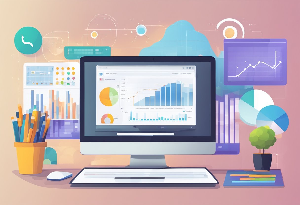A computer screen displaying social media analytics and metrics for a small business, with graphs and charts illustrating success