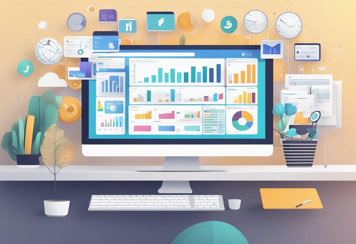 A computer screen displaying a social media dashboard with automated scheduling tools and analytics charts, surrounded by small business branding materials