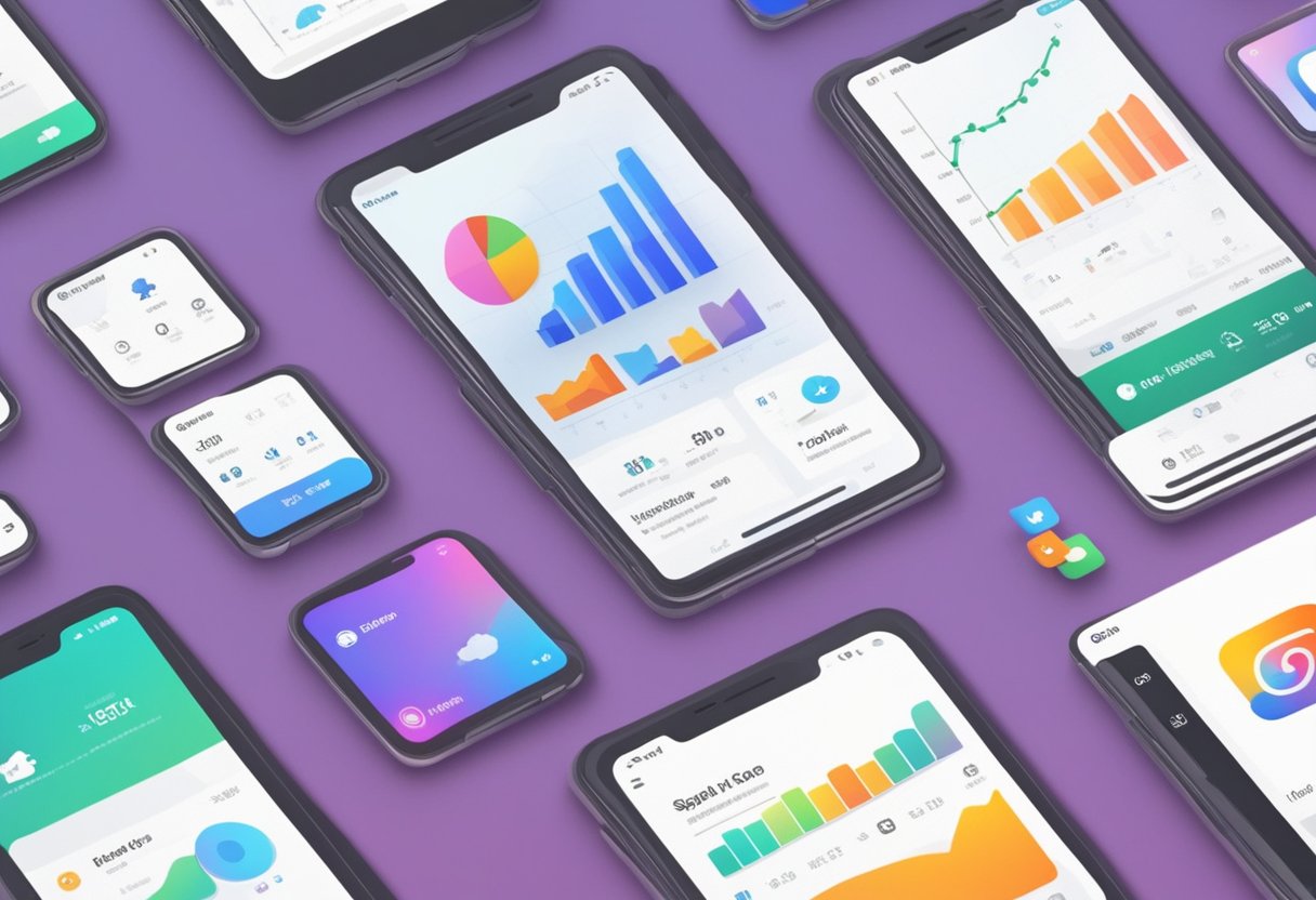 A small business logo displayed on various social media platforms with increasing likes, shares, and comments. Graphs show rising engagement and sales