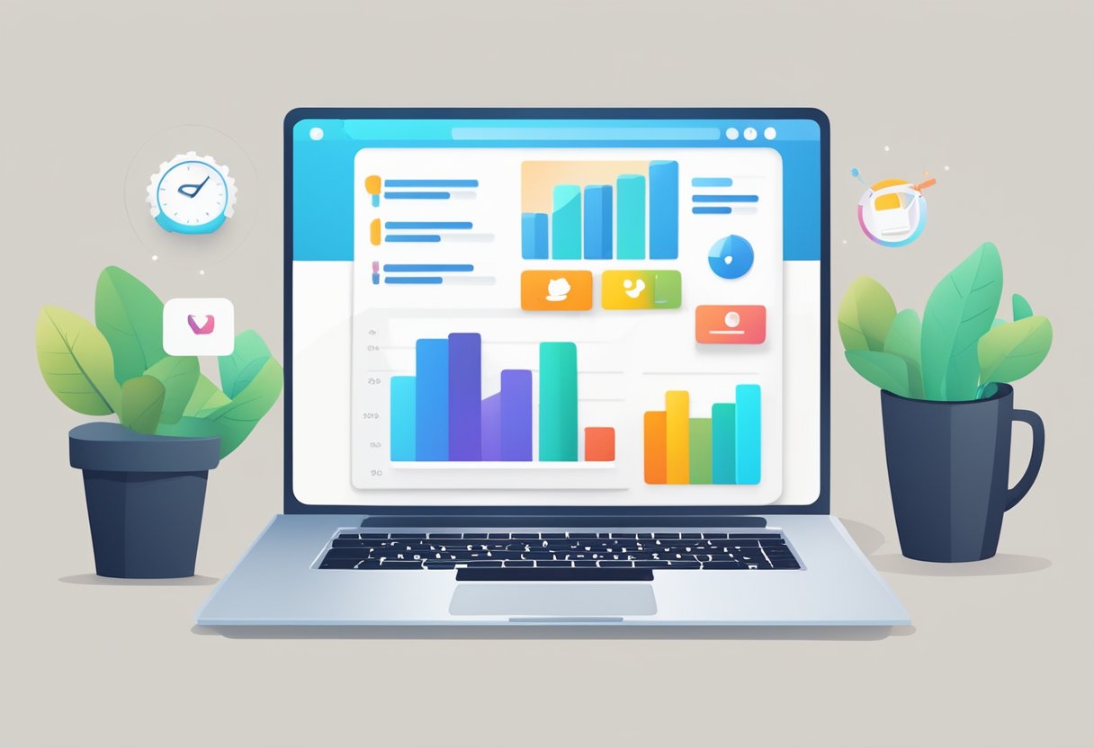 A small business logo and social media icons are displayed on a computer screen, with a graph showing an increase in followers and engagement