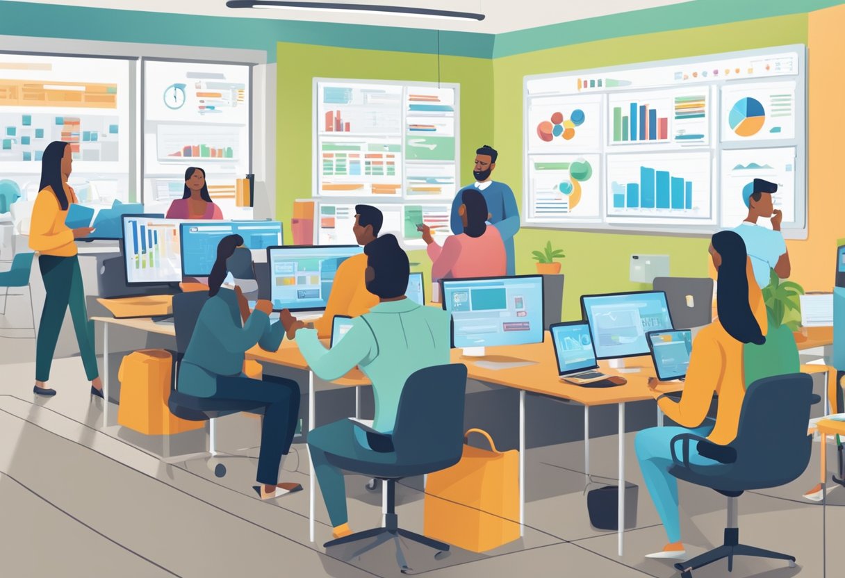A bustling small business office with employees engaged in social media marketing tasks. Computer screens display analytics and content calendars. A whiteboard lists FAQs