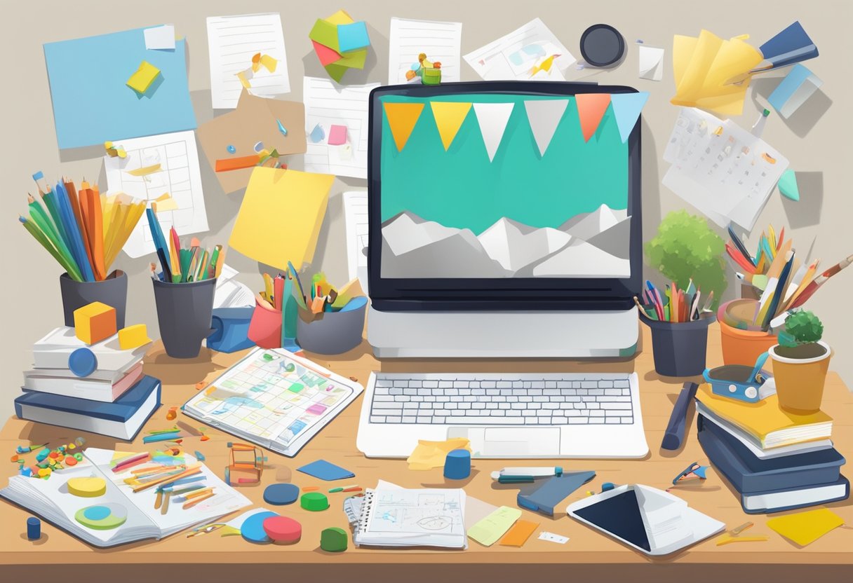 A cluttered desk with a laptop, child's drawing, and scattered toys. A calendar with family events and business meetings. A juggling act