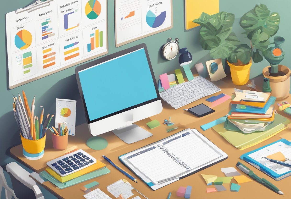 A busy office desk with a laptop, planner, and children's toys scattered around. A clock on the wall shows both work and family schedules