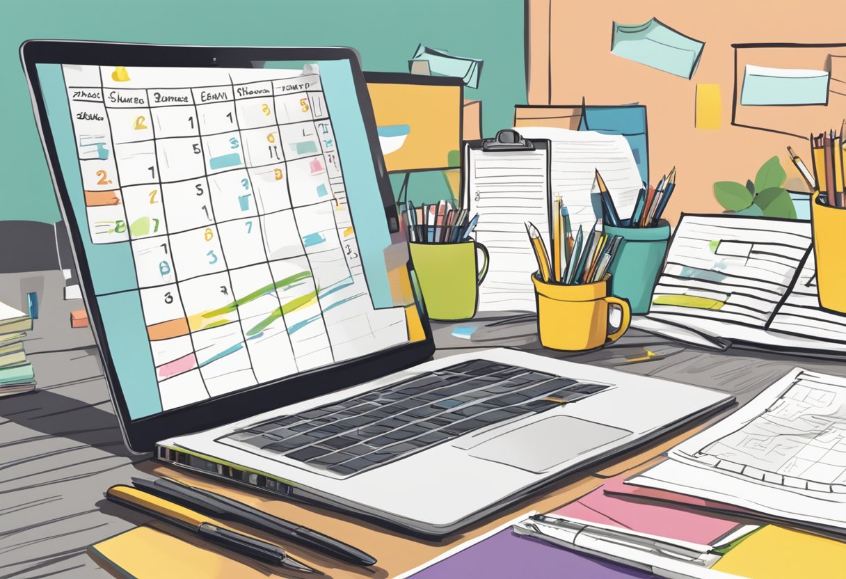A cluttered desk with a calendar, to-do list, and laptop. A child's drawing and a business plan sit side by side