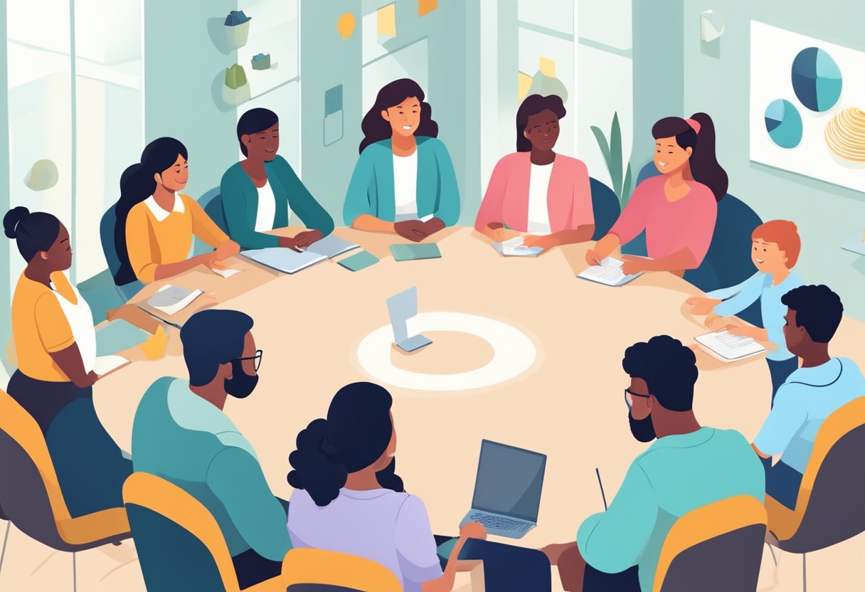 A group of diverse individuals gather in a circle, exchanging ideas and support. In the background, a parent juggles parenting duties while managing a successful business