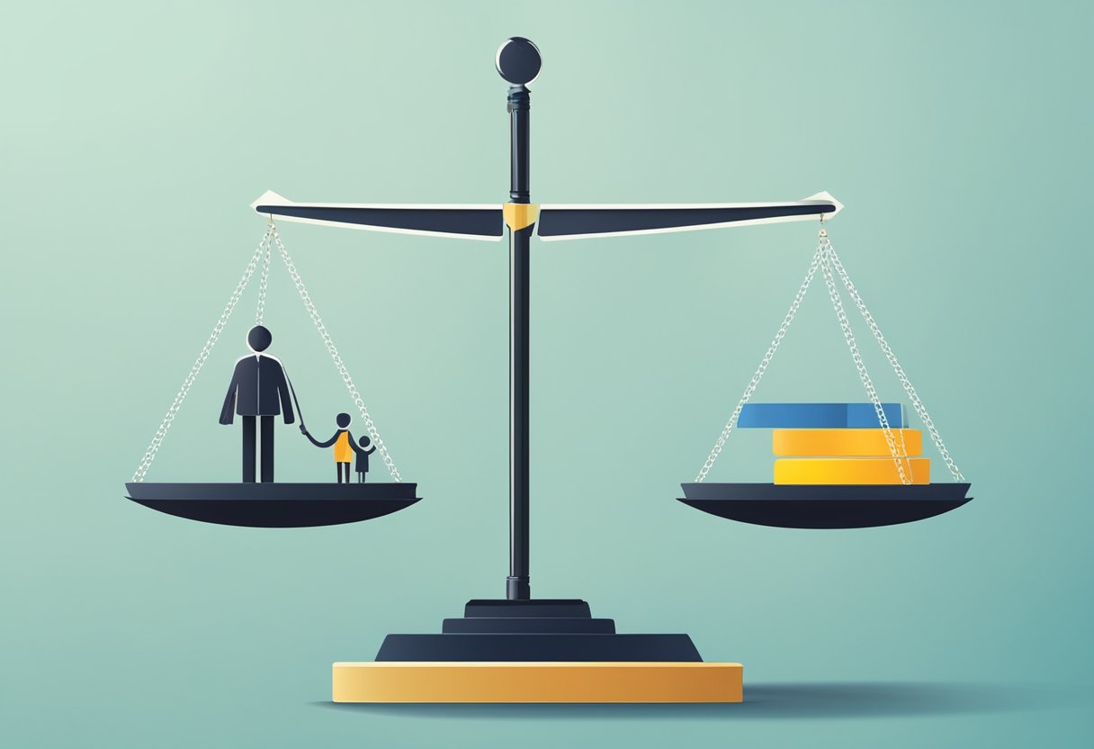 A family business sign with a scale balancing business and family values. A parent and child symbol on one side, and business symbols on the other