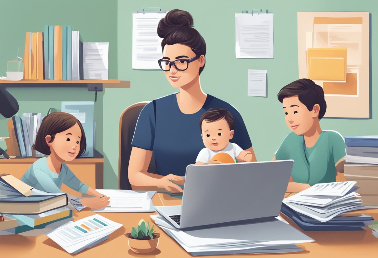A parent sits at a desk, surrounded by business documents and a laptop, while also juggling a baby in a carrier and a toddler playing nearby