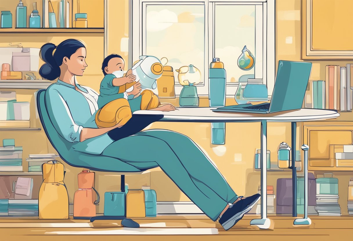A parent juggles a baby bottle and a laptop, symbolizing the balancing act of parenting and entrepreneurship. The background shows a flexible and adaptable environment with a mix of home and work elements
