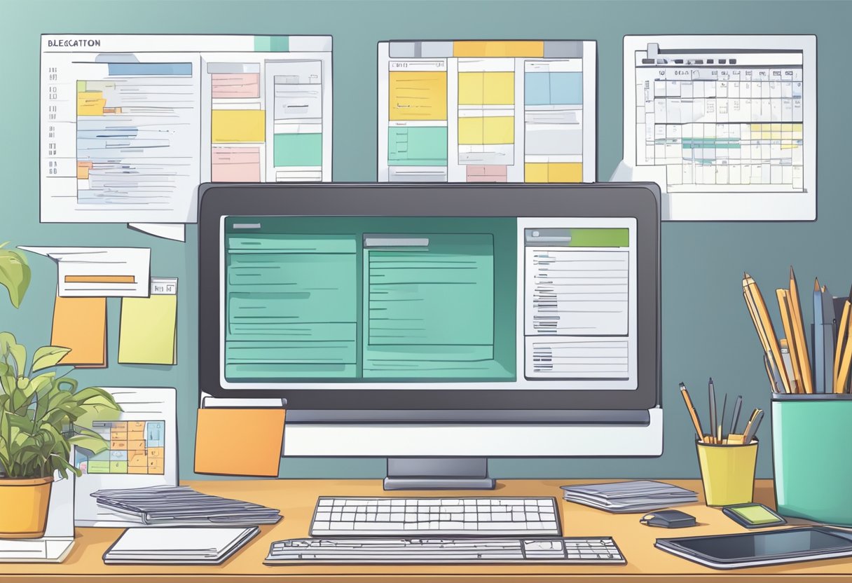 A busy office desk with a computer, phone, and paperwork. A calendar with family events and business meetings. A flowchart showing delegation and automation processes