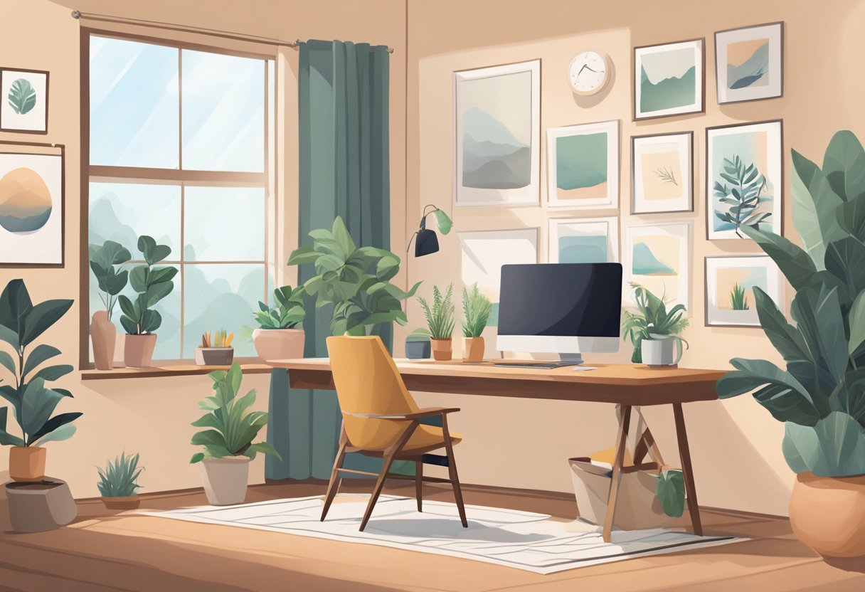 A cozy home office with a desk, computer, and a separate area for yoga and meditation. A calendar on the wall shows a balance of work and family time