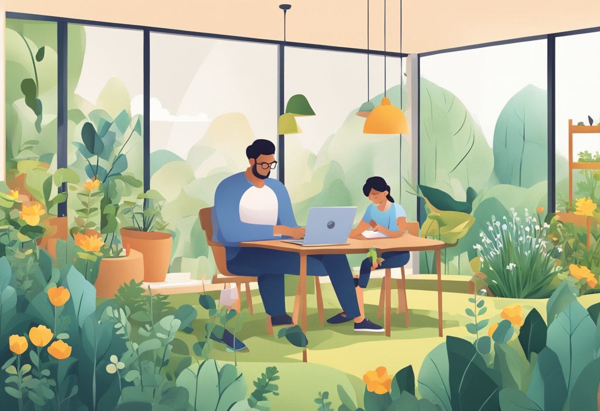 A parent and child tend to a garden while a person works on a laptop nearby, symbolizing the balance between parenting and entrepreneurship