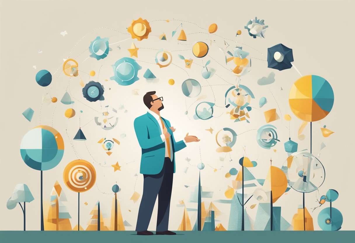 A parent entrepreneur gazes into the distance, surrounded by a juggling act of family and business symbols, representing the delicate balance of leadership and vision
