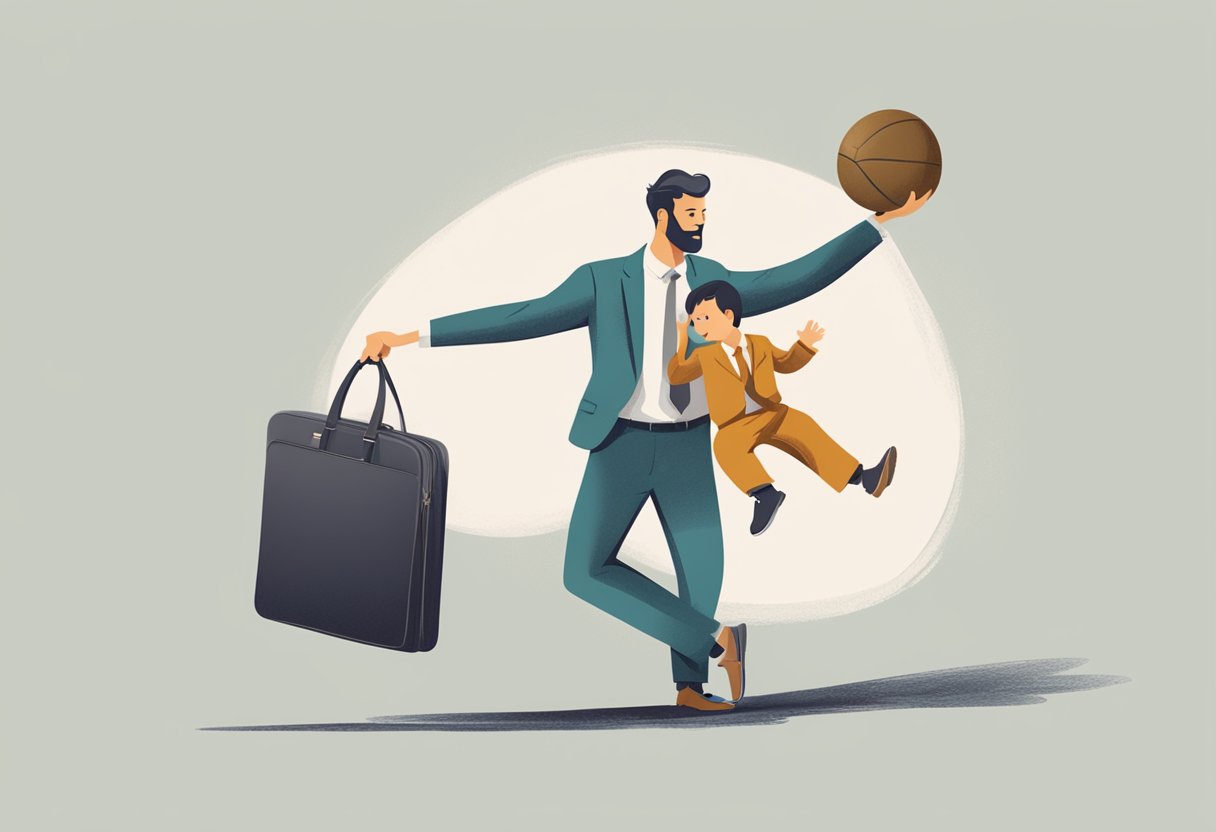 A parent juggles a baby on one arm and a briefcase on the other, symbolizing the delicate balance between parenting and entrepreneurship