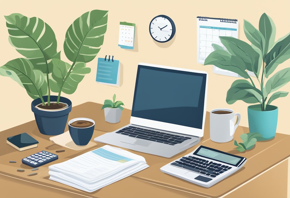 A desk with a computer, calculator, and financial documents. A calendar on the wall with "Monthly Financial Tips" circled. A plant and a cup of coffee on the desk