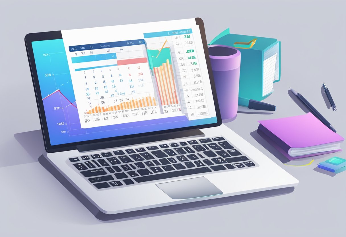 A desk with a laptop, calculator, and financial documents. A calendar with the current month highlighted. A graph showing financial growth