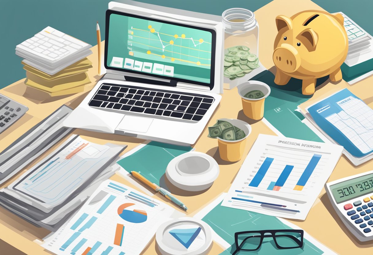 A desk with a laptop, calculator, and budgeting spreadsheets. Charts showing income and expenses. A piggy bank and money jar on the side