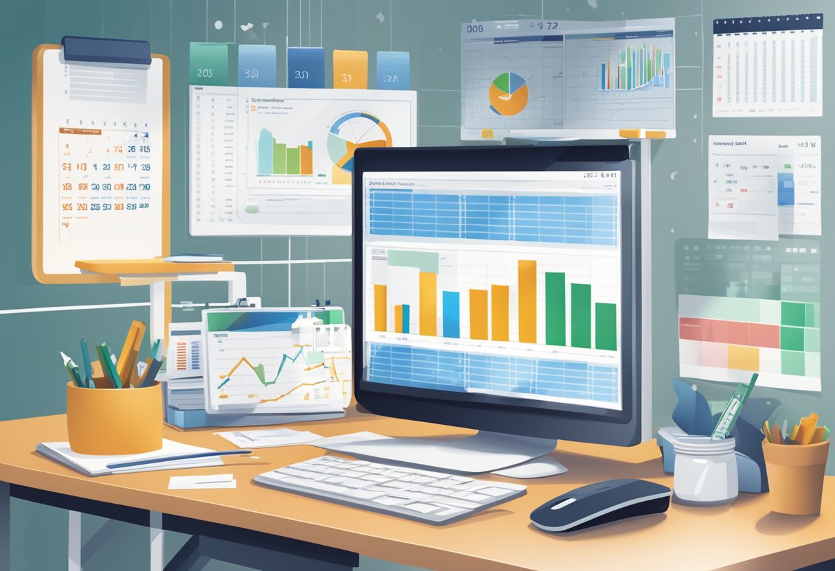 A desk with a computer displaying financial tracking software, surrounded by charts, graphs, and a calculator. A calendar with the month highlighted in the background