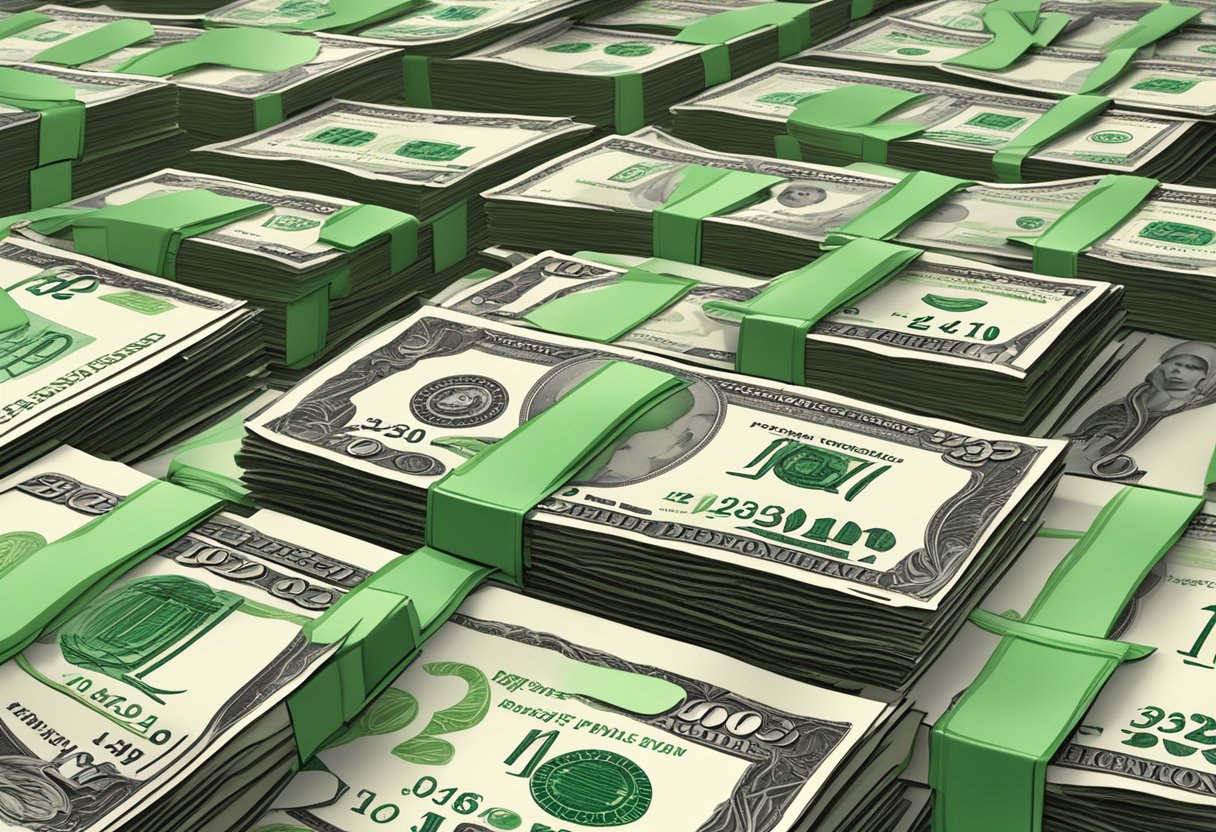 A pile of money grows larger each month, symbolizing positive cash flow for a business. In the background, a calendar marks each passing month