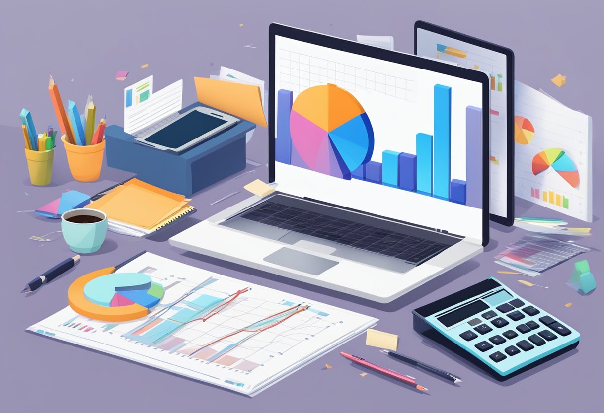 A desk cluttered with financial documents, a calculator, and a laptop. A graph showing a steady increase in profits. A calendar with the date circled for monthly financial planning
