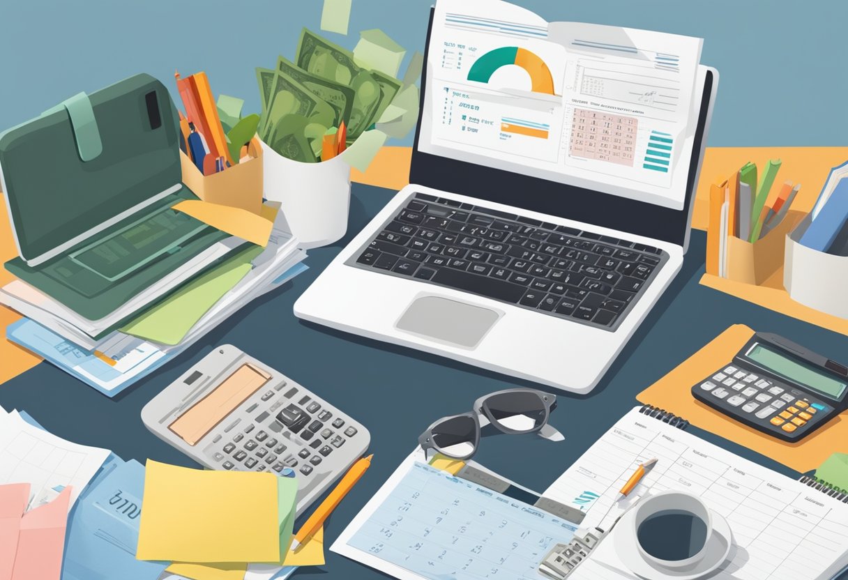 A desk cluttered with financial documents, a calculator, and legal papers. A calendar with "Taxes Due" circled in red. An open laptop displaying monthly financial tips