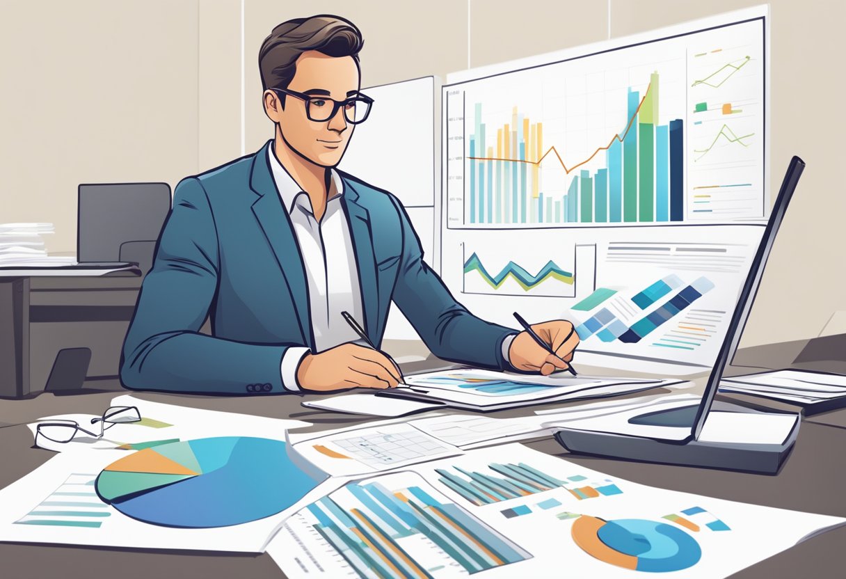A business owner reviewing financial reports and charts, with a focus on growth and efficiency. The owner is analyzing data and making strategic decisions