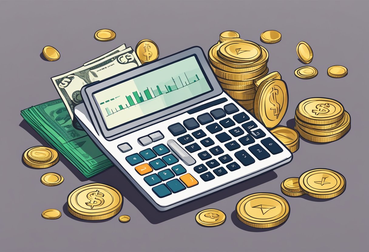 A stack of dollar bills and coins next to a calculator and financial documents, with arrows pointing towards the resources