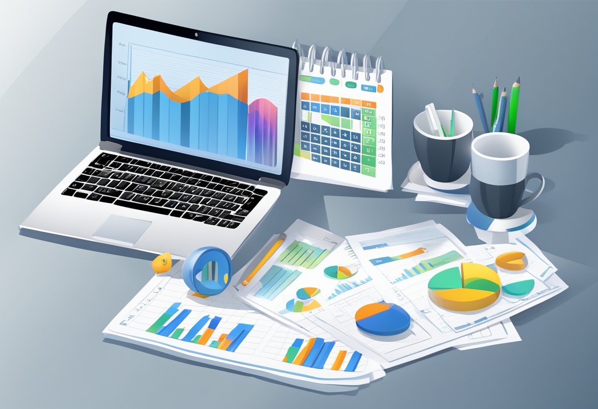A desk with a laptop, calculator, and financial documents. A calendar showing monthly dates. A graph showing financial growth
