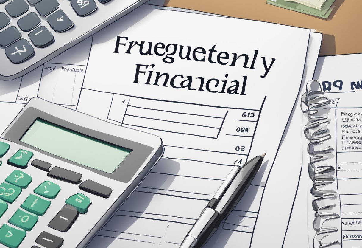 A stack of financial documents with a "Frequently Asked Questions Monthly Financial Tips for Your Business" title on top, surrounded by a calculator, pen, and laptop