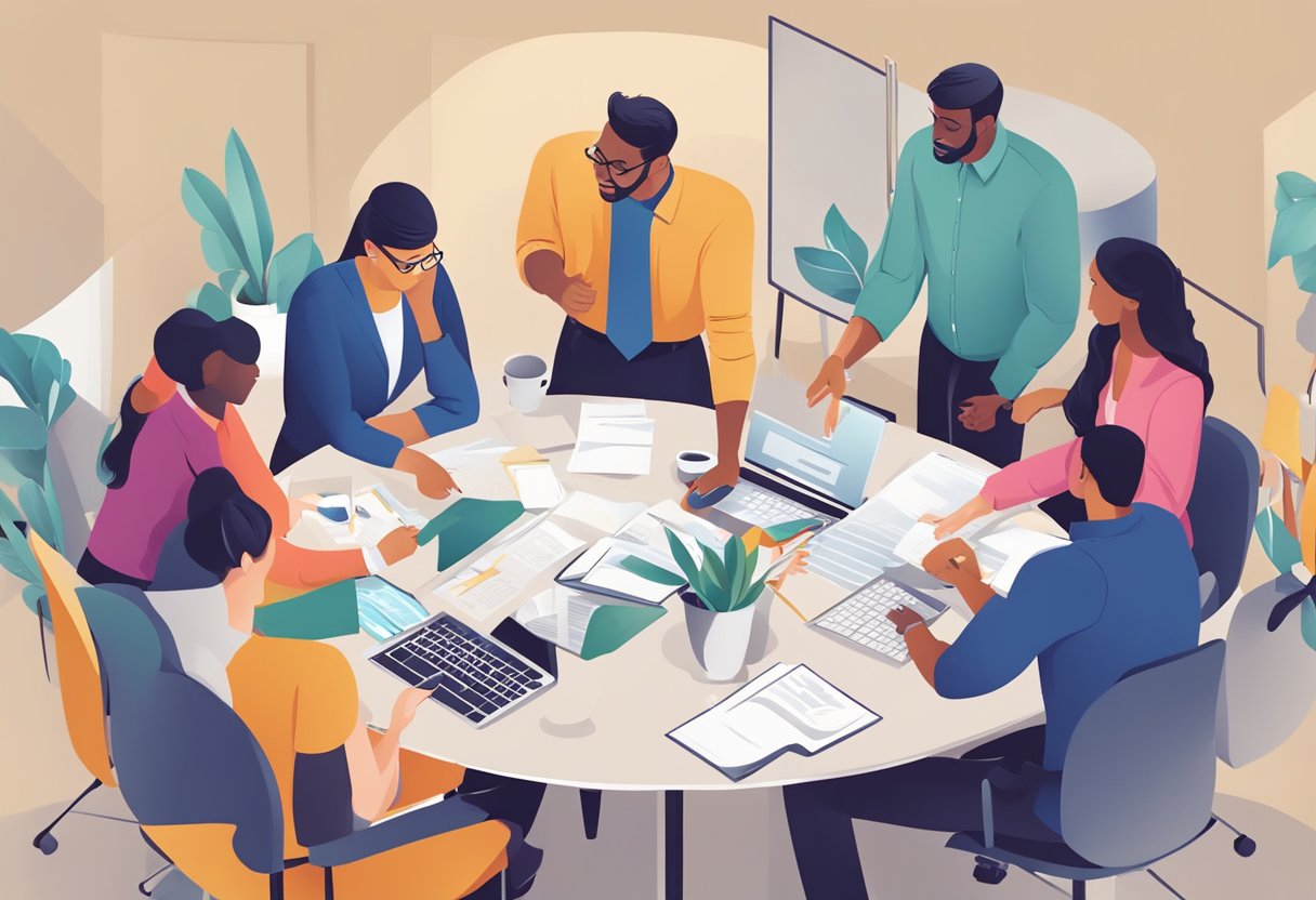 A group of diverse individuals collaborating, brainstorming, and strategizing together to achieve business success