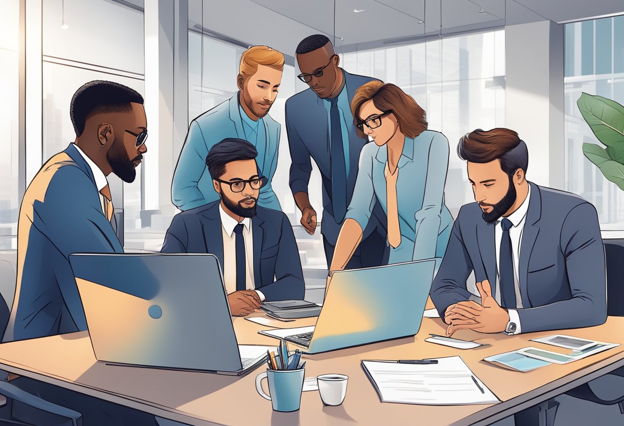 A group of diverse business professionals collaborating, brainstorming, and strategizing in a modern office setting