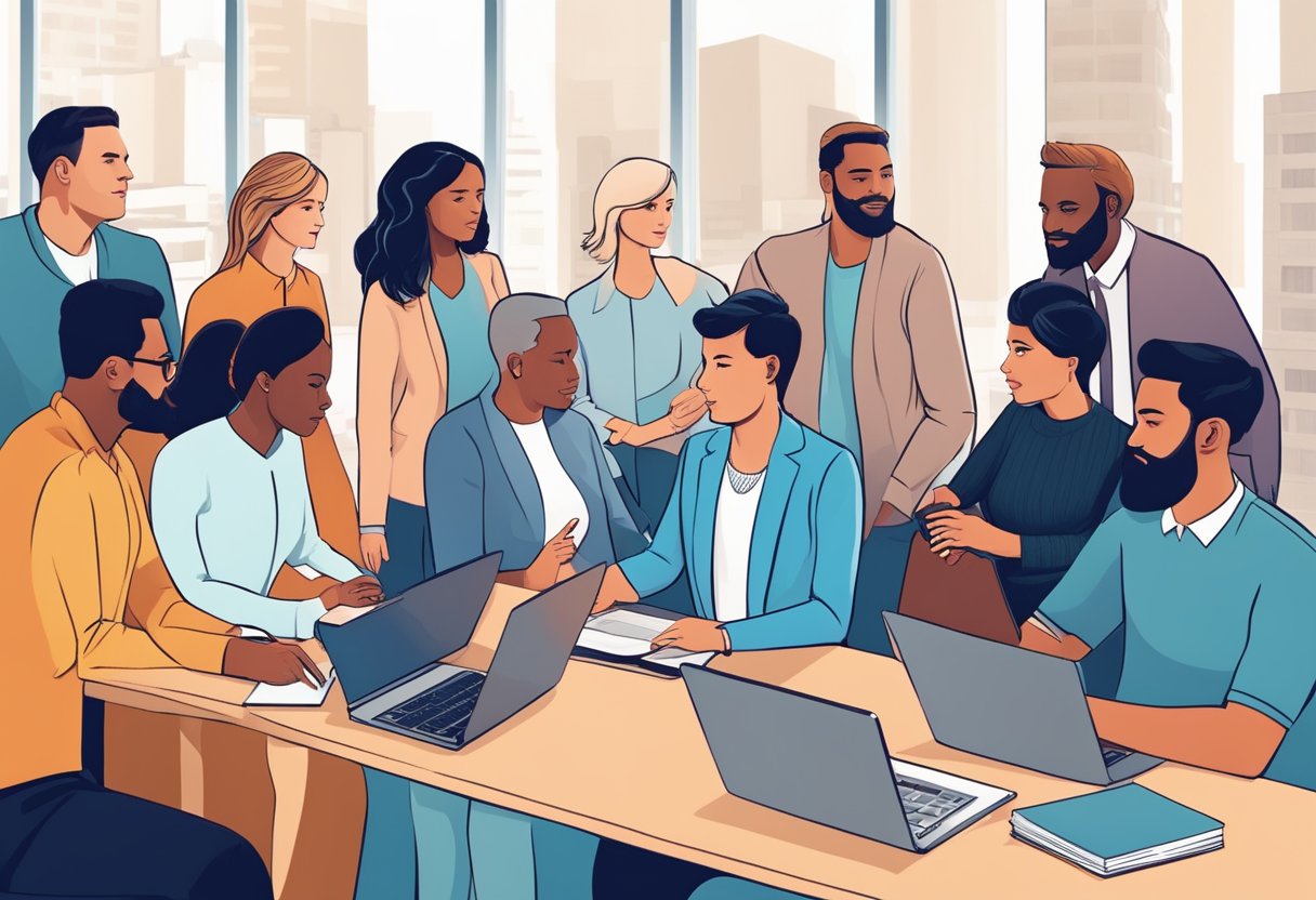 A group of diverse individuals collaborate, communicate, and strategize to achieve business growth
